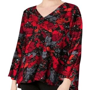 Rebel Wilson X Angels Red and Navy Abstract V-Neck Top Plus Size 3X Bell Sleeve